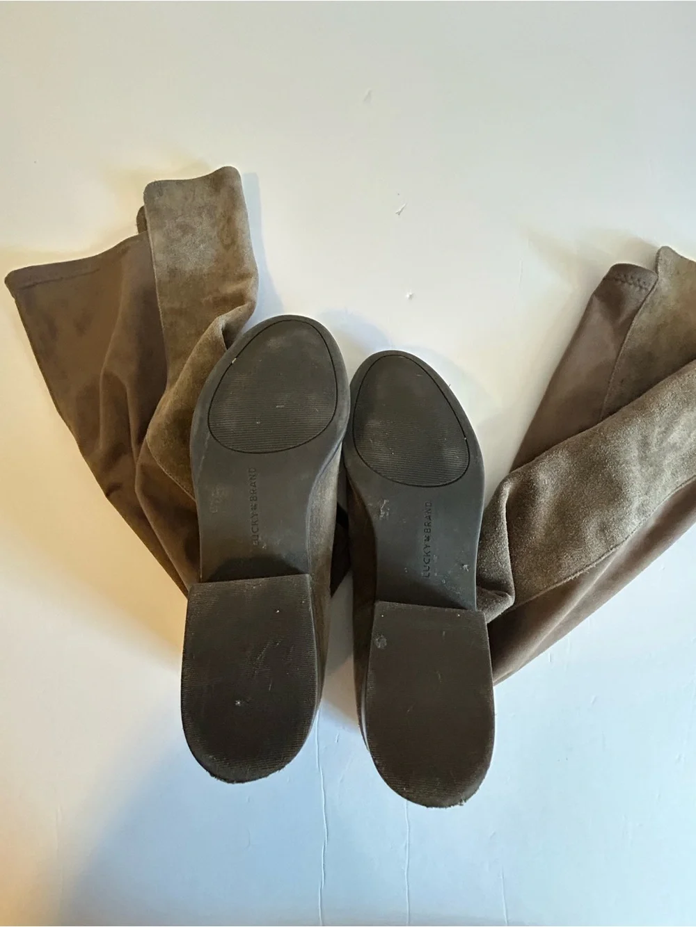Lucky Brand Over-the-Knee Calypso Suede Boots in Tan with Brown stretch panel